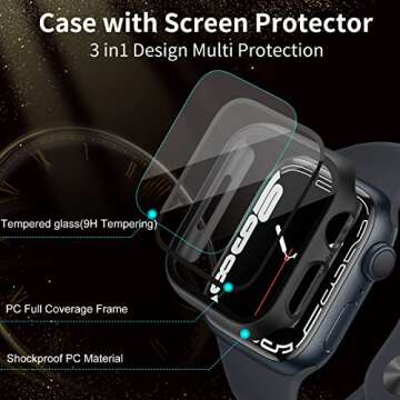 QSOON 3-Pack Case Compatible with Apple Watch Series 8 Series 7 41mm, Built-in Tempered Glass Screen Protector, All Round Full Protection Hard PC Cover Bumper for iWatch Series 8 7
