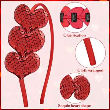 Pack of 3 Valentine's Day Heart Headband Sequin Love Hair Band Hoops,Glitter Heart Hair Accessoires for Girls Women Valentine's Day Wedding Birthday Christmas Party Costumes (Red Pink and Rose Red)