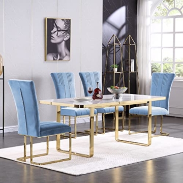 AZhome Sky Blue Velvet Dining Chairs with Gold Base