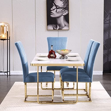 AZhome Sky Blue Velvet Dining Chairs with Gold Base