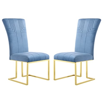 AZhome Sky Blue Velvet Dining Chairs with Gold Base