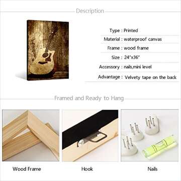 sechars Guitar Canvas Wall Art Vintage Music Room Decor Picture Painting for Home Bedroom Decorations