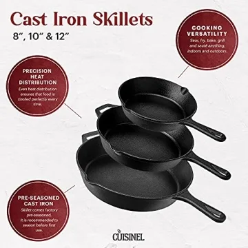 Cuisinel Cast Iron Skillets Set with Glass Lids - Versatile Cooking