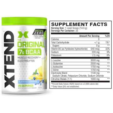 Scivation XTEND Natural Zero BCAA Powder Blueberry Lemonade | Free of Artificial Sweeteners, Flavors, and Chemical Dyes | Post Workout Drink with Amino Acids | 7g BCAAs for Men & Women | 25 Servings