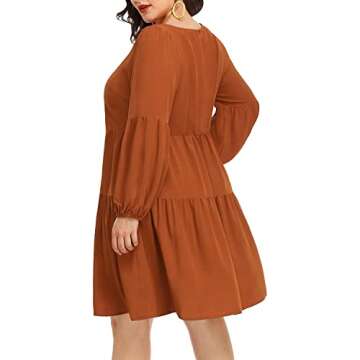 Pinup Fashion Long Sleeve Plus Size Tunic Dress for Women - Casual Brown Babydoll Shift