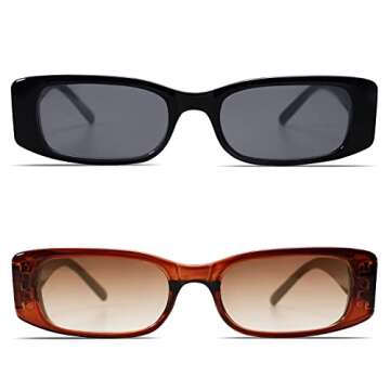 Allarallvr Rectangle Sunglasses for Women 90s Retro Trendy Y2K Classical Vintage Square Shades AR82037(2 Pack DarkBlack+Red Brown)