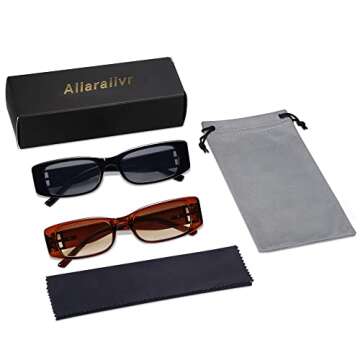 Allarallvr Rectangle Sunglasses for Women 90s Retro Trendy Y2K Classical Vintage Square Shades AR82037(2 Pack DarkBlack+Red Brown)