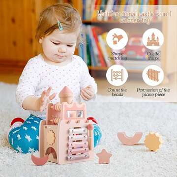 Youuys Wooden Activity Cube 5-in-1 Montessori Busy Board Toys Multipurpose Educational Sensory Learning Toys for Baby Toddlers with Mirror,Girl Birthday Gift Personalized Baby Gifts