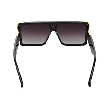 FLAWLESS EYEWEAR Oversized Big Thick Flat Top SHIELD Square Luxury Designer Sunglasses with Dark Gold Metal (Black)