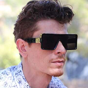 FLAWLESS EYEWEAR Oversized Big Thick Flat Top SHIELD Square Luxury Designer Sunglasses with Dark Gold Metal (Black)