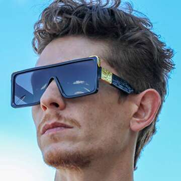 FLAWLESS EYEWEAR Oversized Big Thick Flat Top SHIELD Square Luxury Designer Sunglasses with Dark Gold Metal (Black)