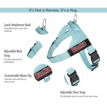 BULLHUG Adjustable Dog Harness– No Pull, No Choke – for English Bulldogs, French Bulldogs, Pugs & Broad-Chested Breeds – Easy, Safe Walks (Tiff Blue, Medium)