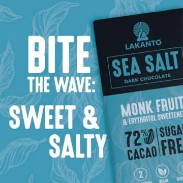 Lakanto Sugar Free Sea Salt Dark Chocolate Bars - Monk Fruit Sweetener and Erythritol, 72% Cacao, Premium Chocolate, Rich Taste, Cocoa Butter, Vegan, Gluten Free (Sea Salt - 12 Bars - Pack of 1)