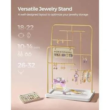 SONGMICS Jewelry Stand, Jewelry Organizer, Jewelry Display Holder with Metal Frame, 2 Earring Boards, 6 Hanging Rods, Necklace Earring Bracelet Holder, for Rings, Metallic Gold UJJS024A01