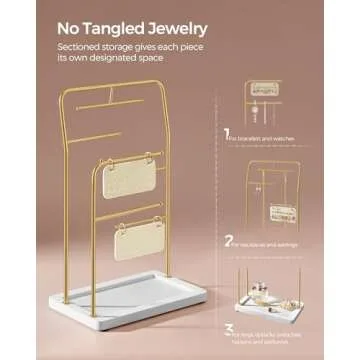 SONGMICS Jewelry Stand, Jewelry Organizer, Jewelry Display Holder with Metal Frame, 2 Earring Boards, 6 Hanging Rods, Necklace Earring Bracelet Holder, for Rings, Metallic Gold UJJS024A01