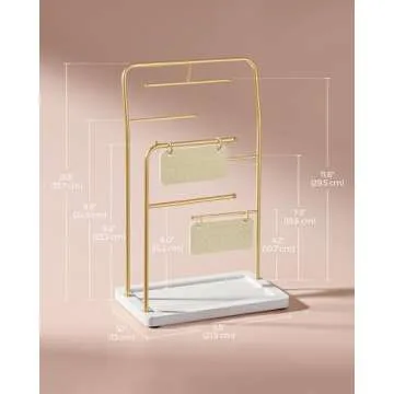 SONGMICS Jewelry Stand, Jewelry Organizer, Jewelry Display Holder with Metal Frame, 2 Earring Boards, 6 Hanging Rods, Necklace Earring Bracelet Holder, for Rings, Metallic Gold UJJS024A01