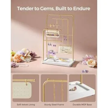 SONGMICS Jewelry Stand, Jewelry Organizer, Jewelry Display Holder with Metal Frame, 2 Earring Boards, 6 Hanging Rods, Necklace Earring Bracelet Holder, for Rings, Metallic Gold UJJS024A01