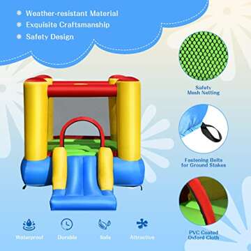 OLAKIDS Inflatable Bounce House, Jumping Castle with Slide, Bouncing Area, Basketball Rim, Indoor Outdoor Bouncy House, Polyester Mesh, Accessories with Carrying Bag, Repairing Kit, Blower