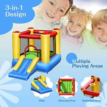 OLAKIDS Inflatable Bounce House, Jumping Castle with Slide, Bouncing Area, Basketball Rim, Indoor Outdoor Bouncy House, Polyester Mesh, Accessories with Carrying Bag, Repairing Kit, Blower