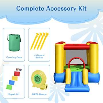 OLAKIDS Inflatable Bounce House, Jumping Castle with Slide, Bouncing Area, Basketball Rim, Indoor Outdoor Bouncy House, Polyester Mesh, Accessories with Carrying Bag, Repairing Kit, Blower