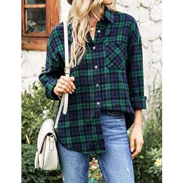 Megfie Oversized Womens Flannel Plaid Soft Flannel Button Down Shirt Roll Up Long Sleeve