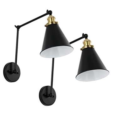 WINGBO Swing Arm Adjustable Wall Lamps Set of 2 Hardwired Light Fixture Up Down Metal Shade for Bedroom Bedside Reading Living Room Home Hallway Dining Kitchen, Black