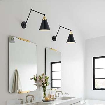 WINGBO Swing Arm Adjustable Wall Lamps Set of 2 Hardwired Light Fixture Up Down Metal Shade for Bedroom Bedside Reading Living Room Home Hallway Dining Kitchen, Black