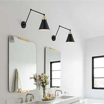 WINGBO Swing Arm Adjustable Wall Lamps Set of 2 Hardwired Light Fixture Up Down Metal Shade for Bedroom Bedside Reading Living Room Home Hallway Dining Kitchen, Black