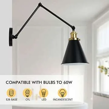 WINGBO Swing Arm Adjustable Wall Lamps Set of 2 Hardwired Light Fixture Up Down Metal Shade for Bedroom Bedside Reading Living Room Home Hallway Dining Kitchen, Black