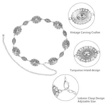 Western-Concho-Belt-Women Cowgirl-Metal-Belts Boho Silver Vintage Turquoise Chain Belt for Dress Jea...