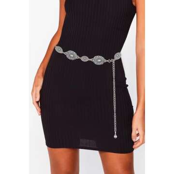 Western-Concho-Belt-Women Cowgirl-Metal-Belts Boho Silver Vintage Turquoise Chain Belt for Dress Jeans