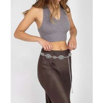 Western-Concho-Belt-Women Cowgirl-Metal-Belts Boho Silver Vintage Turquoise Chain Belt for Dress Jeans