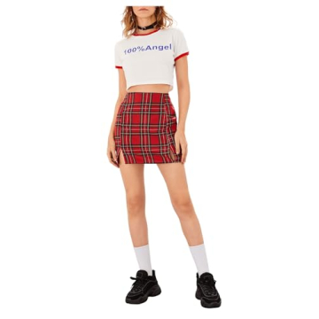 WDIRARA Women's Plaid Skirt High Waist Split Front Zip Up Mini Bodycon Skirt Red M