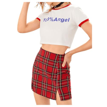 WDIRARA Women's Plaid Skirt High Waist Split Front Zip Up Mini Bodycon Skirt Red M