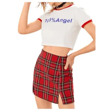 WDIRARA Women's Plaid Skirt High Waist Split Front Zip Up Mini Bodycon Skirt Red M
