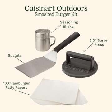 Cuisinart Smash Burger Kit, Cast Iron Burger Press, Spatula, Seasoning Shaker and Patty Papers, Perf...