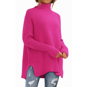 LILLUSORY Womens Turtleneck Oversized Tunic Fall Sweaters 2024 Trendy Casual Long Pullover Knit Winter Casual Cute Poncho Fashion Trendy Clothes Outfits Clothing Tops Pink