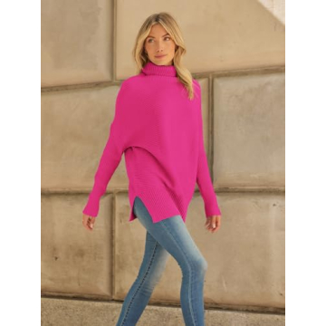 LILLUSORY Womens Turtleneck Oversized Tunic Fall Sweaters 2024 Trendy Casual Long Pullover Knit Winter Casual Cute Poncho Fashion Trendy Clothes Outfits Clothing Tops Pink