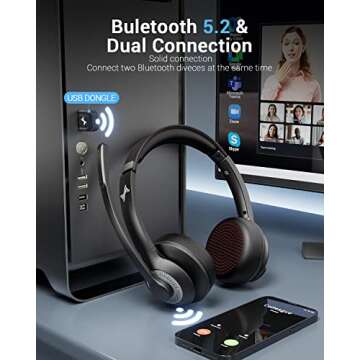 JIAMQISHI Wireless Headset with AI Noise Cancelling Microphone Bluetooth Headset - Bluetooth V5.2 He...