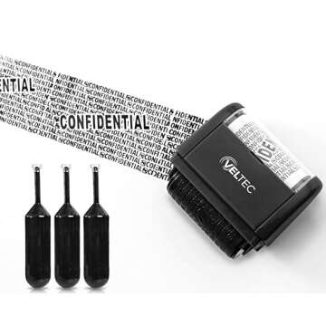 Veltec ID Protector Ink Roller - Identity Theft Protection Roller Stamp Set (Black, Stamp+3 Refills)