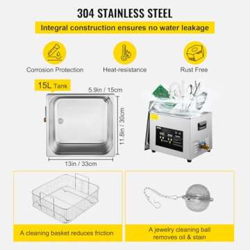 VEVOR 15L Upgraded Ultrasonic Cleaner (600W Heater,360W Ultrasonic) Professional Digital Lab Ultrasonic Parts Cleaner with Heater Timer for Glass Dental Instruments Cleaning