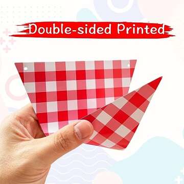 VILIFEVER 2 Pieces Red and White Checkered Banner, Double Sided Red Gingham Pennant Banner for BBQ Picnic Theme Baby Shower Birthday Party Decorations Supplies