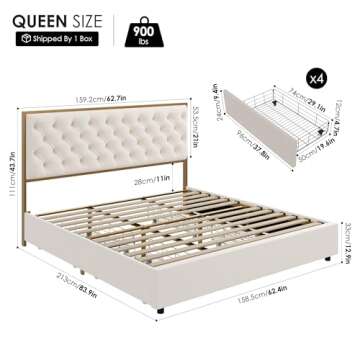 HIFIT Queen Upholstered Bed Frame with 4 Storage Drawer and Handmade Button Tufted Headboard, Modern...