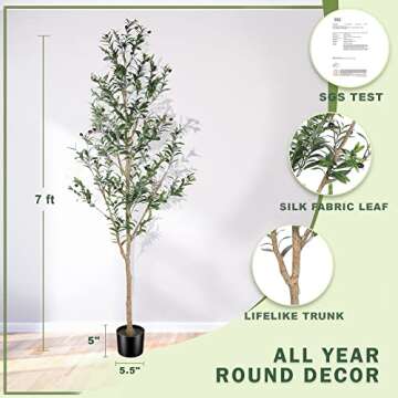 LYERSE Faux Olive Tree 7ft - Tall Olive Trees Artificial Indoor - Large Fake Potted Olive Silk Tree ...
