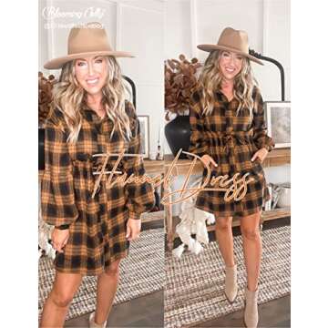 Blooming Jelly Womens Plaid Dresses Flannel Shirt Puff Sleeve Button Down Shirt Dress Fall Casual Dresses Mini Dress(XX-Large,Brown Plaid)