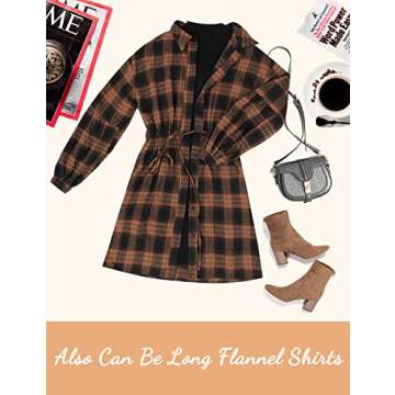 Blooming Jelly Womens Plaid Dresses Flannel Shirt Puff Sleeve Button Down Shirt Dress Fall Casual Dresses Mini Dress(XX-Large,Brown Plaid)