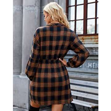 Blooming Jelly Womens Plaid Dresses Flannel Shirt Puff Sleeve Button Down Shirt Dress Fall Casual Dresses Mini Dress(XX-Large,Brown Plaid)
