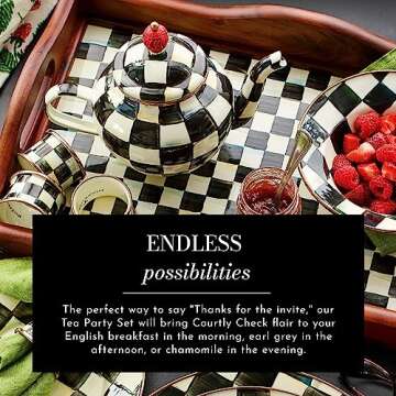 MACKENZIE-CHILDS Enamel Tea Party Set, Unique Teapot and Teacups, Tea Accessories Set, Black-and-Whi...