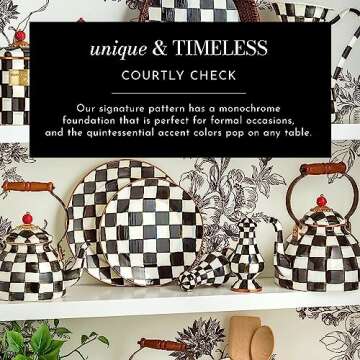 MACKENZIE-CHILDS Enamel Tea Party Set, Unique Teapot and Teacups, Tea Accessories Set, Black-and-White Courtly Check