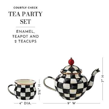 MACKENZIE-CHILDS Enamel Tea Party Set, Unique Teapot and Teacups, Tea Accessories Set, Black-and-White Courtly Check